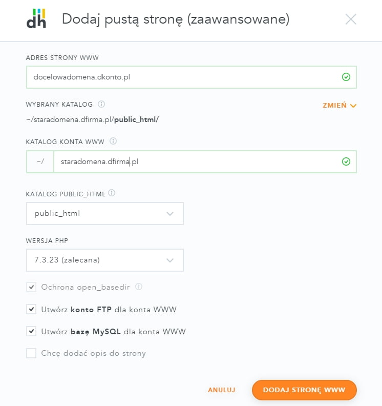 Jak zmienić domenę dla CMS Joomla? 1 dpanel nowa pusta strona wskazanie na istniejacy katalog