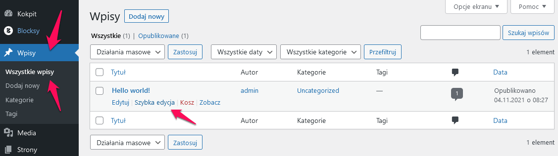 W jaki sposób szybko edytować wpisy oraz strony w WordPress? 1 szybka edycja 1