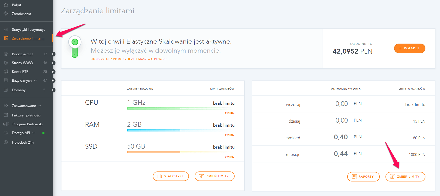 Jak kontrolować wydatki na elastyczne skalowanie - EWH? 1 limity pln