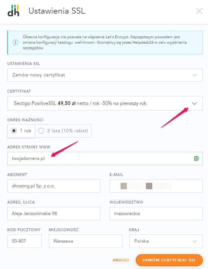 Jak zamówić certyfikat SSL nie mając strony WWW w dhosting? 3 dh ssl6
