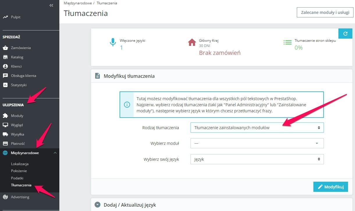 Jak przetłumaczyć zainstalowany moduł w PrestaShop? 1 presta tlum mod1