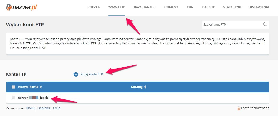 Lista kont FTP w panelu klienta nazwa.pl Lista kont FTP w panelu klienta nazwa.pl