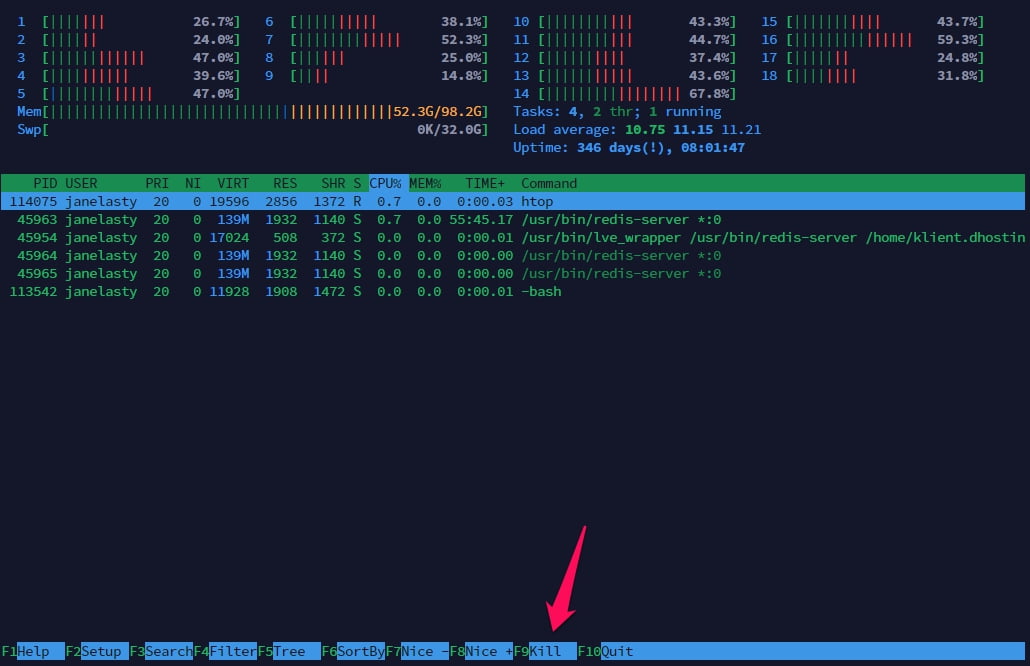 Jak zamknąć proces z poziomu htop? 1 htop f9
