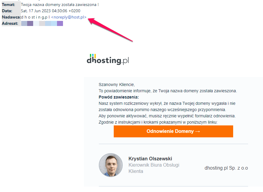 Czy otrzymana wiadomość pochodzi z dhosting? 1 phish1