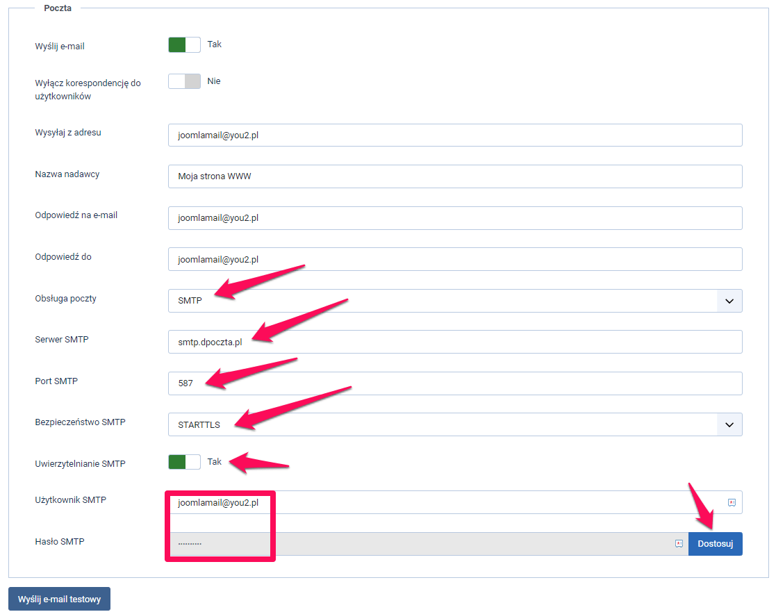 Jak ustawić wysyłkę wiadomości w Joomla poprzez SMTP? 1 joomlamail smtp