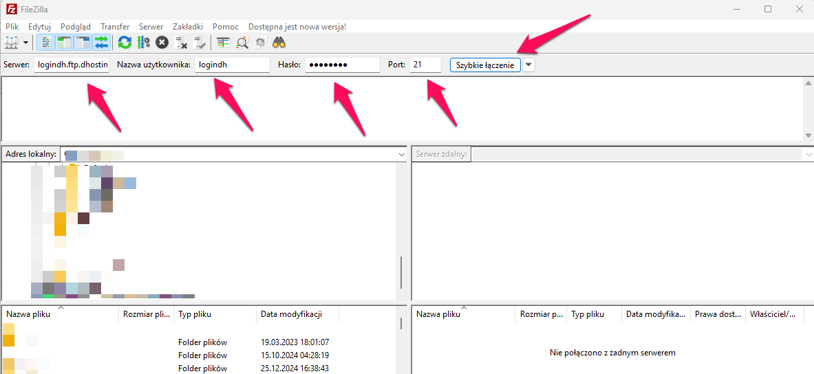 Jak przesłać pliki poprzez FTP używając aplikacji FileZilla? 1 dhfjhdskjf