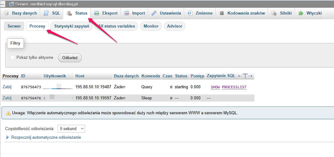 Jak sprawdzić procesy w MySQL i zakończyć je samodzielnie? 1 pma killproc